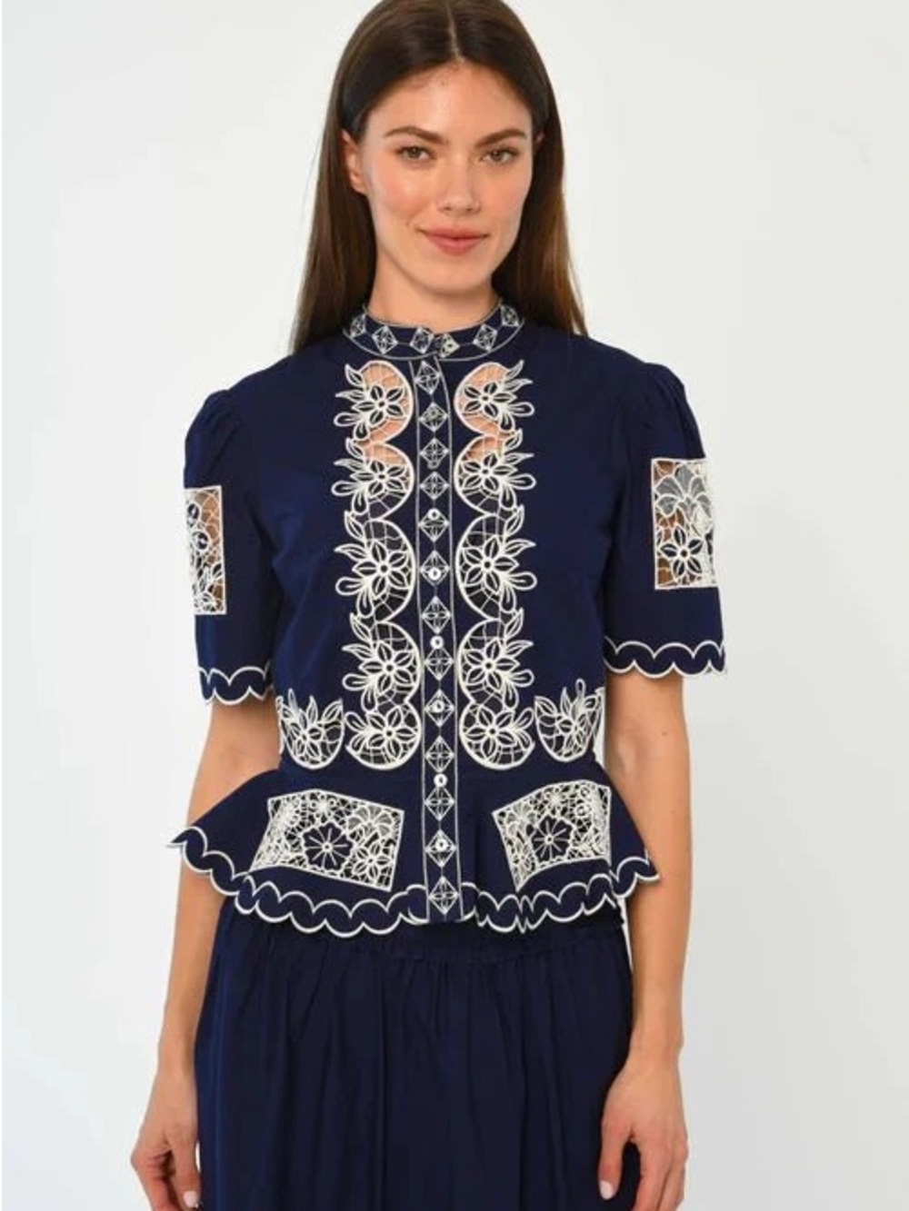 Navy Embroidered Short-Sleeve Peplum Blouse